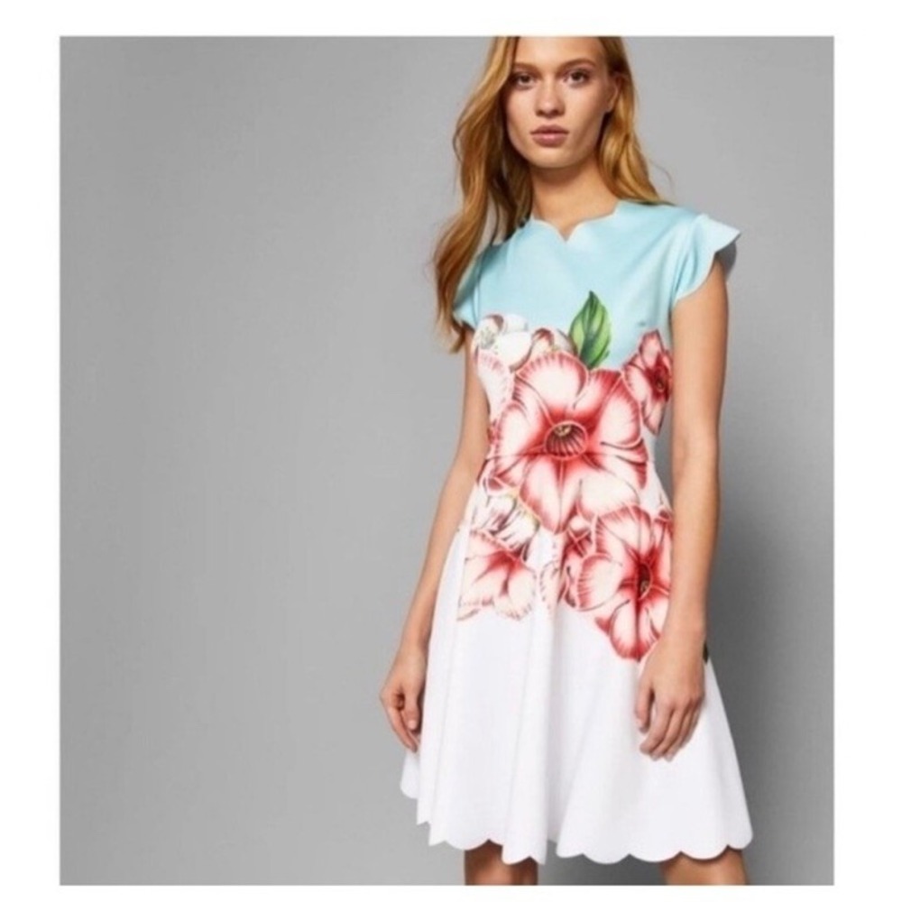 Ted Baker 'Maevea' Nectar Floral White Blue Scalloped Skater Dress Size1 US 4